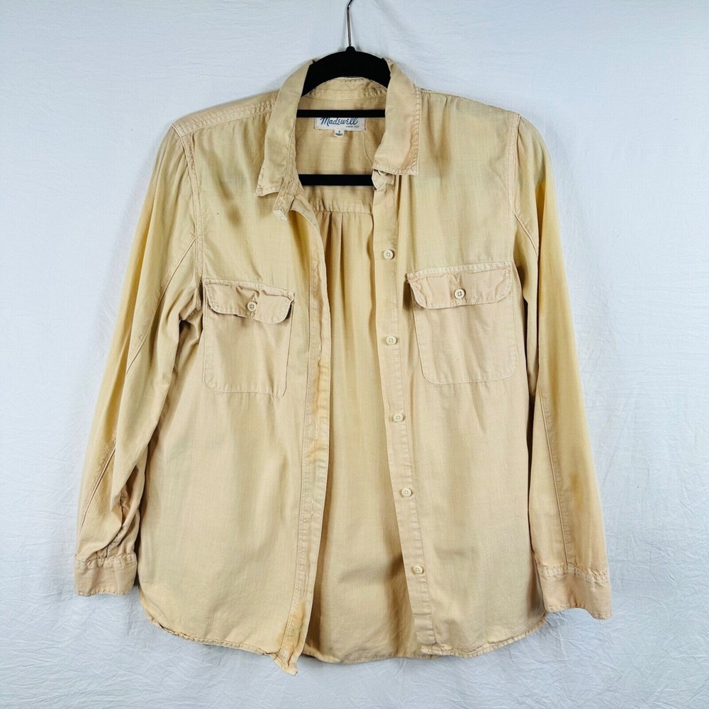 Madewell 100% Cotton Women Long Sleeve button down blouse Tan Beige Pocket Small